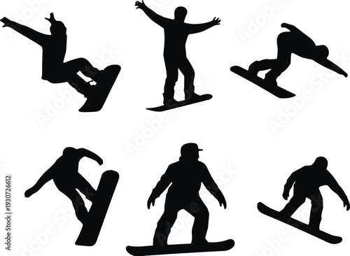 Black, silhouette, set, of, snowboarders, performing, jumps, and, tricks, in, winter, isolated, on, white, background, for, extreme, sports, and, active, lifestyle, design.