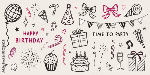 A colorful hand drawn collection of birthday party elements and decorations