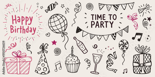 A colorful hand drawn illustration depicting various birthday party elements