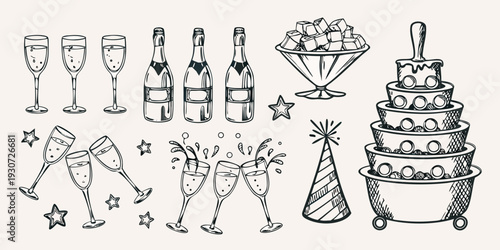 Celebratory sketch featuring champagne glasses and a tiered cake display