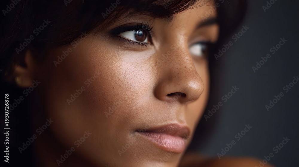 Fototapeta premium A detailed close up portrait captures a woman s thoughtful gaze and the natural texture of her skin rendered with sharp focus and soft dramatic
