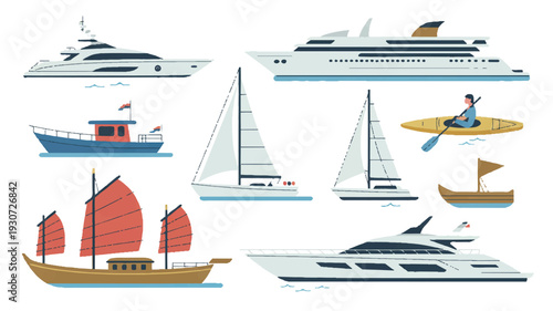 A flat, minimalist illustration of various boats and vessels on a white background (3)_traced