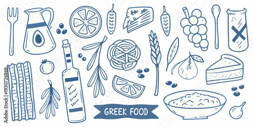 Hand drawn illustration of various foods and kitchen utensils in blue