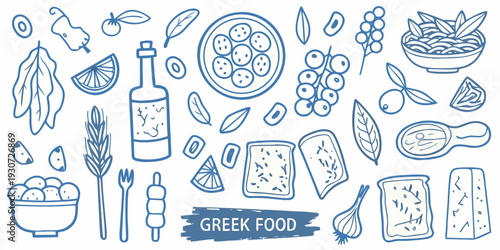 Hand drawn illustrations of traditional greek food and ingredients