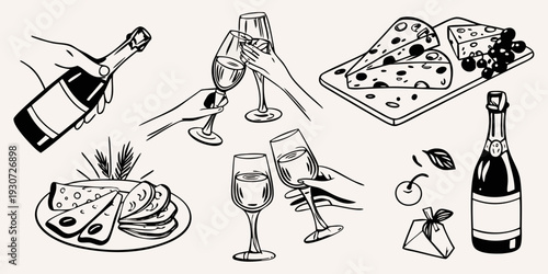 Celebratory sketch featuring champagne cheese and festive elements