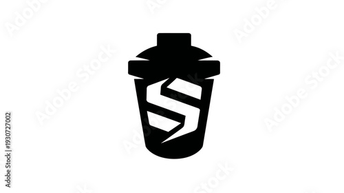 A monochrome illustration of a shaker bottle with a stylized "S" on the body