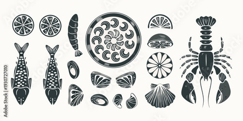 Black and white illustration of various seafood and marine life forms