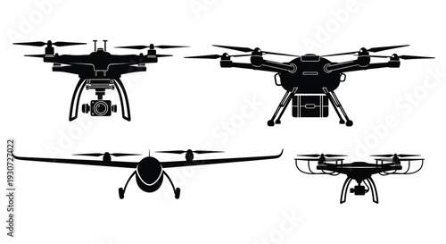 Black and white illustrations depict various drone designs from multiple angles showcasing modern aerial technology silhouette high quality professional detailed elegant