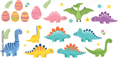 Cute Cartoon Dinosaur Collection with Colorful Easter Eggs Flowers and Leaves Fun Kids Vector Illustration Set Isolated on White Background