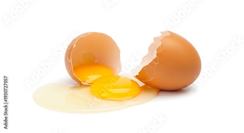 A broken brown egg spills its contents onto a white surface.