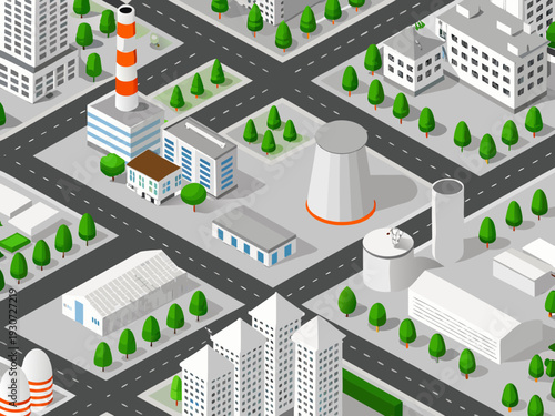 Isometric illustration of a bustling city with industrial and residential areas