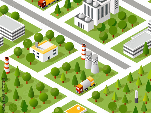Isometric illustration of a modern industrial city with green spaces