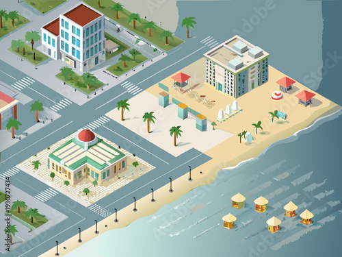 Isometric illustration of a coastal city with buildings beach and ocean