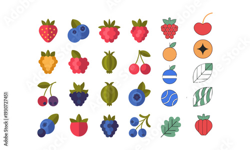 Garden berry fruits vector icon set with leaves isolated collection vector illustration, easily editable.