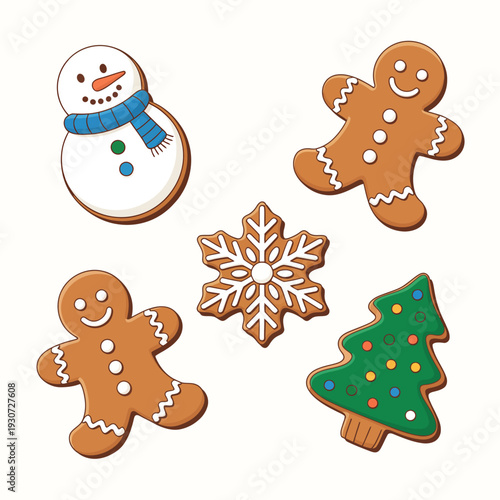 Assorted christmas cookies including gingerbread men and snowman on a white background.