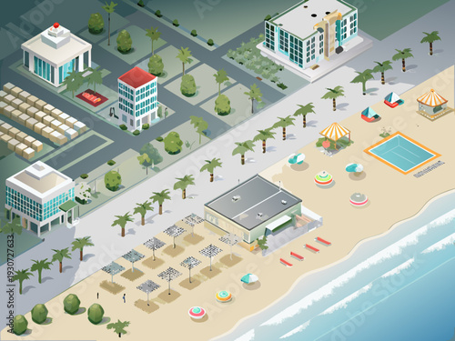Isometric illustration of a vibrant coastal resort town with beach and buildings