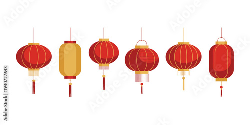 A row of six red and yellow chinese lanterns hanging in a line against a white background.