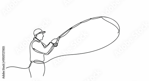 Continuous line drawing of a fisherman casting a fishing rod, minimalist art, active hobby, outdoor recreation