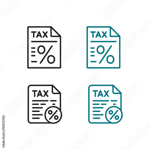 Four line art icons depict tax forms with percentages representing financial obligations and reporting displayed in varying styles high-quality professional
