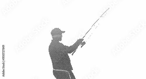 Fisherman casting a fishing rod with a reel, hobby and leisure activity, outdoor sport, isolated on white background