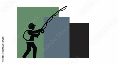 Silhouette of a fisherman with a backpack casting a fishing rod against a backdrop of abstract geometric shapes in muted colors.