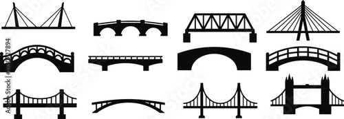 Bridge Silhouette Vector Set, Architecture Icons, Modern Suspension Bridges, Historical Arch Structures, London Tower Bridge Illustration, Urban Infrastructure Design, Civil Engineering Graphics, Isol
