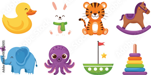 Cute Cartoon Baby Toys and Animal Characters Collection Including Duck Tiger Elephant Octopus Rocking Horse and Stacking Rings Vector Illustration Isolated on White Background