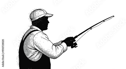 Silhouette of a fisherman casting a fishing rod, engaged in the hobby of recreational fishing in a serene outdoor setting