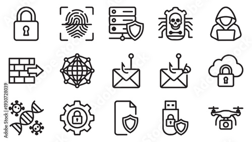 Cybersecurity and Data Protection Line Icon Set with Hacker, Phishing, and Encryption Symbols