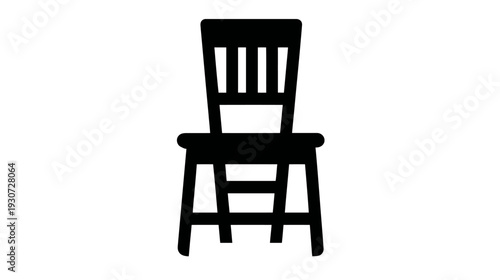 A silhouette of a chair with a slatted back, four legs, and a solid seat, centered on white