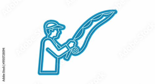 Neon blue outline icon of a fisherman with a fishing rod, representing angling, outdoor recreation, hobby, and leisure sports activity.