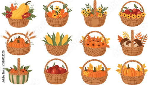 Autumn harvest basket collection flat vector illustration with pumpkins apples corn flowers and seasonal fall decorations