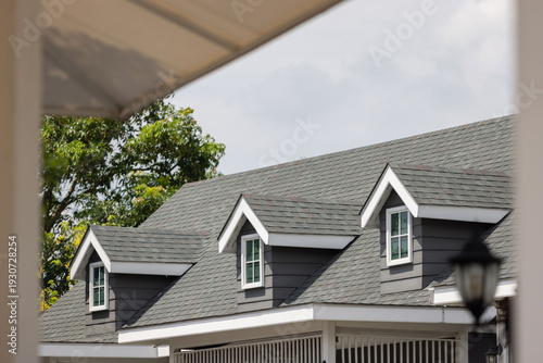 Tableau sur toile Roof shingles with garret house on top of the house among a lot of trees