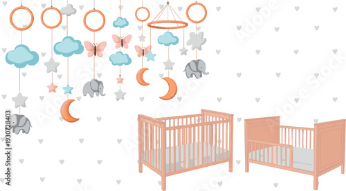 Baby crib and nursery mobile flat vector illustration with hanging elephants clouds stars and moon decor