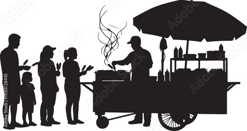 Silhouette food cart vendor cooking skewers for customers street food vector