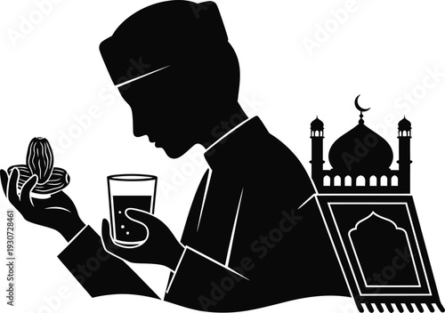Man breaking fast with drink and dates
