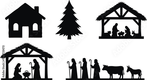 Christmas Nativity Silhouette Set with Holy Family, Manger Scene, Shepherd Figures, Farm Animals, Pine Tree, and House Icon for Festive Religious Holiday Design