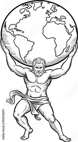 Atlas holding world globe illustration, mythological titan carrying Earth, vintage engraving style muscular figure outline vector isolated on light background