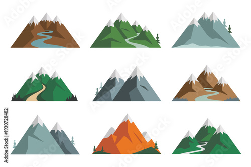A collection of nine stylized mountain landscapes with varied terrain and color.