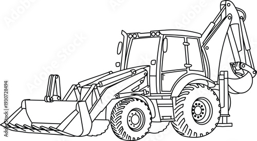 Backhoe loader construction vehicle outline vector, heavy equipment tractor with front bucket and rear excavator arm isolated illustration
