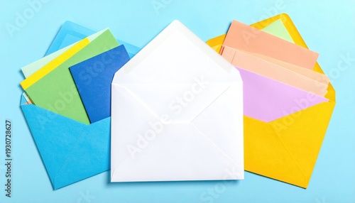 Three open envelopes, two filled with bright colorful paper on a pastel blue background in a flat lay arrangement
