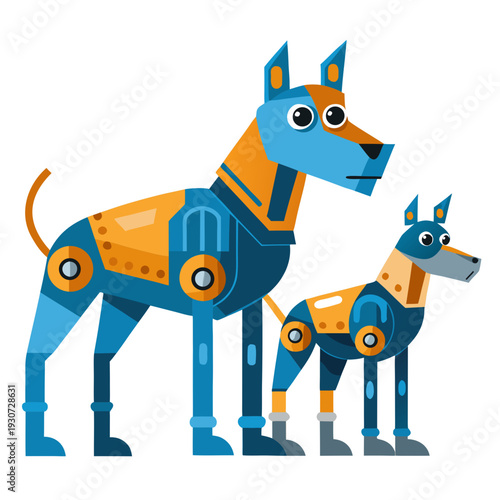 Cute robotic dogs standing side by side in modern tech style