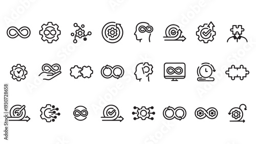 DevOps and Continuous Integration Line Icons Set. Vector illustration of infinity symbols representing continuous development, delivery, and software engineering processes.