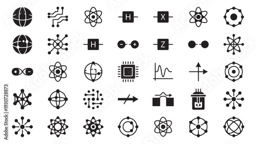 Quantum Physics and Atomic Science Icon Collection - Atoms, Nuclei, and Circuit Components