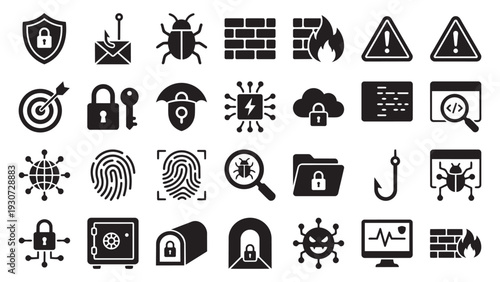 Cybersecurity and Data Protection Line Icons Set. Vector collection of internet security, network safety, privacy, and digital threat symbols for web and mobile.