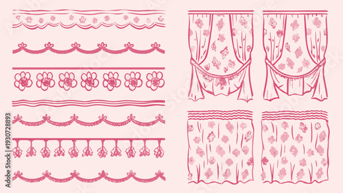 Pink floral curtains and decorative borders in a repeating pattern