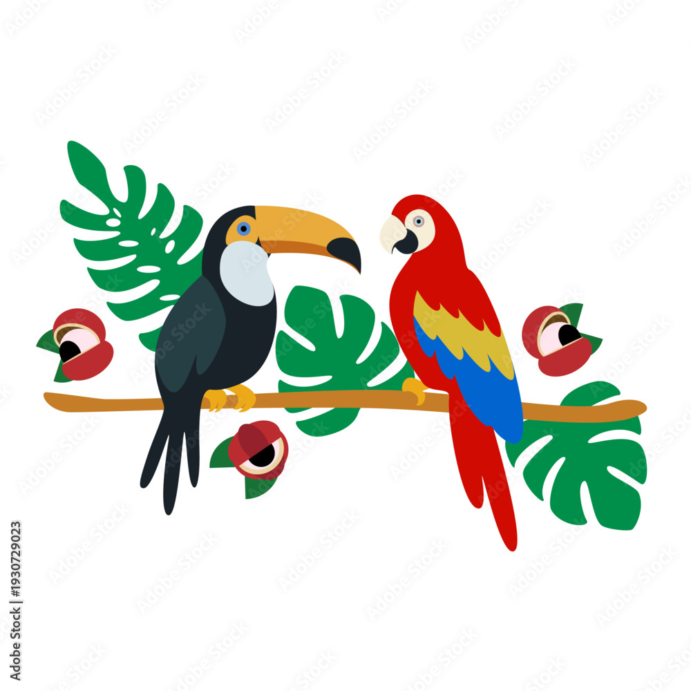 Obraz premium Tropical Birds on Branch – Toucan and Scarlet Macaw with Monstera Leaves and Exotic Flowers