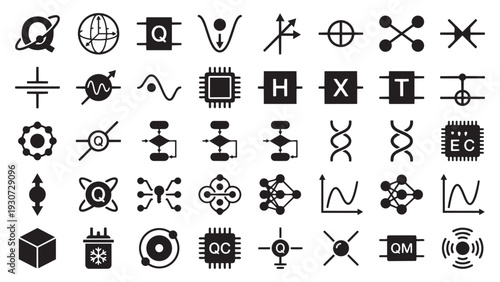 Advanced Quantum Technology Icons - Qubit Gates, Microchips, and Scientific Data Visualization