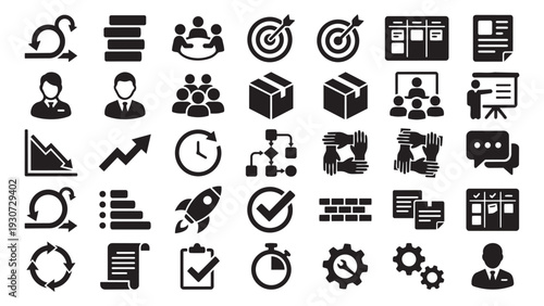 Solid Glyph Icons Set for Agile Scrum Development. Vector collection of project management, teamwork, sprint planning, task boards, and continuous improvement symbols.