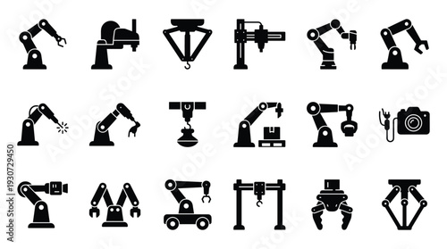 Robotic arms industrial automation machines and manufacturing equipment black silhouette icons